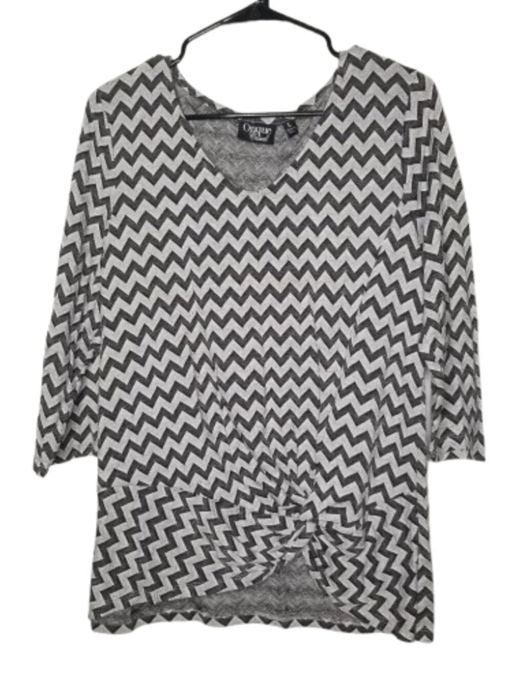 Onque Casual Chevron 3/4 Sleeve V Neck Blouse Black White Women's Large